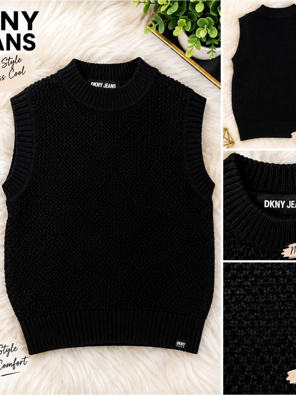 Dkny Black Knit Crewneck Sleeveless Sweater Vest